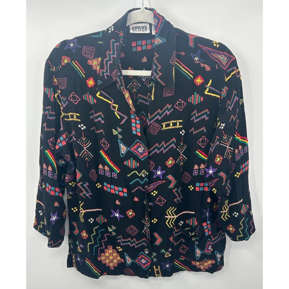 Chico's Vintage Bohemian Mixed Media Art to Wear All Over Print Top Size 2/L